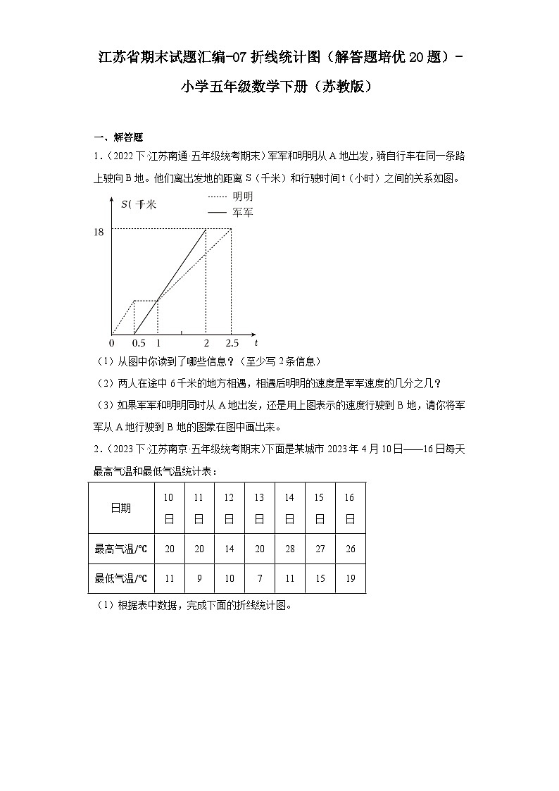 江苏省期末试题汇编-07折线统计图（解答题培优20题）-小学五年级数学下册（苏教版）01