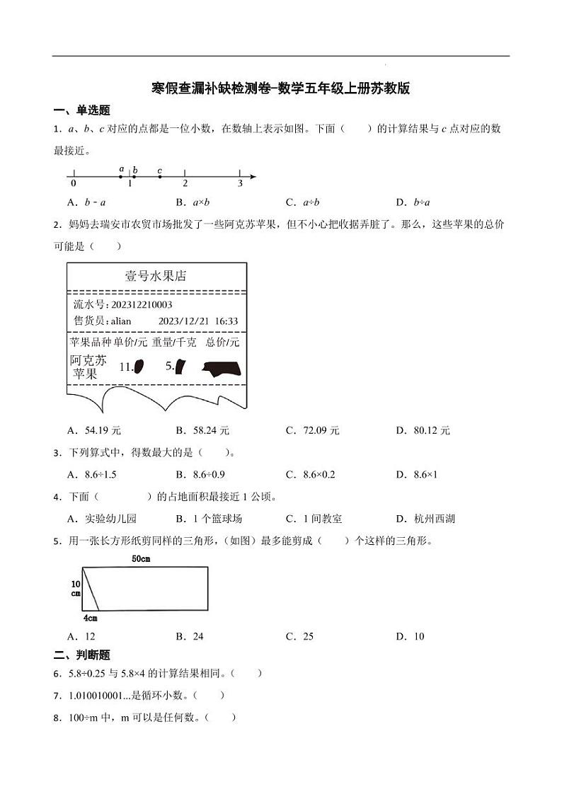 寒假查漏补缺检测卷-数学五年级上册苏教版01