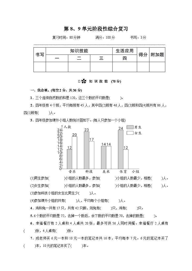 人教版四年级下册精品单元综合训练 第8、9单元阶段性综合复习（附答案） 第1页
