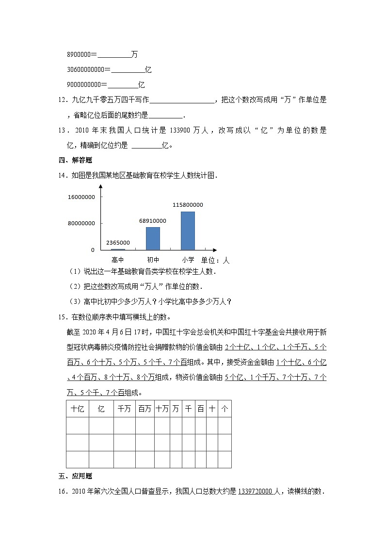 人教新版四年级上册1.4 亿以上数的认识同步练习卷（含答案）02