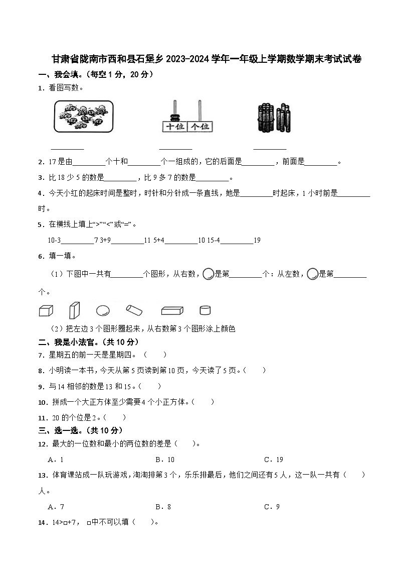 甘肃省陇南市西和县石堡乡2023-2024学年一年级上学期数学期末考试试卷第1页