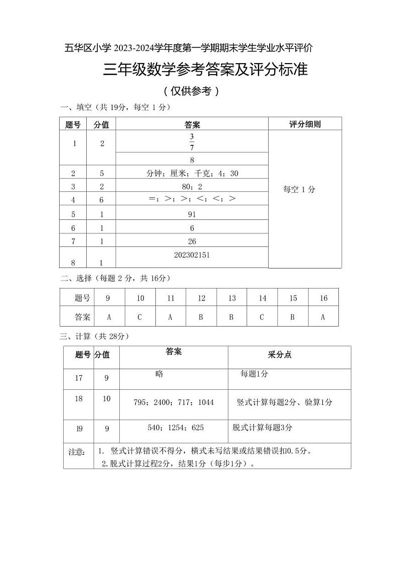 云南省昆明市五华区2023-2024学年上学期三年级数学期末试卷（图片版，含答案）01