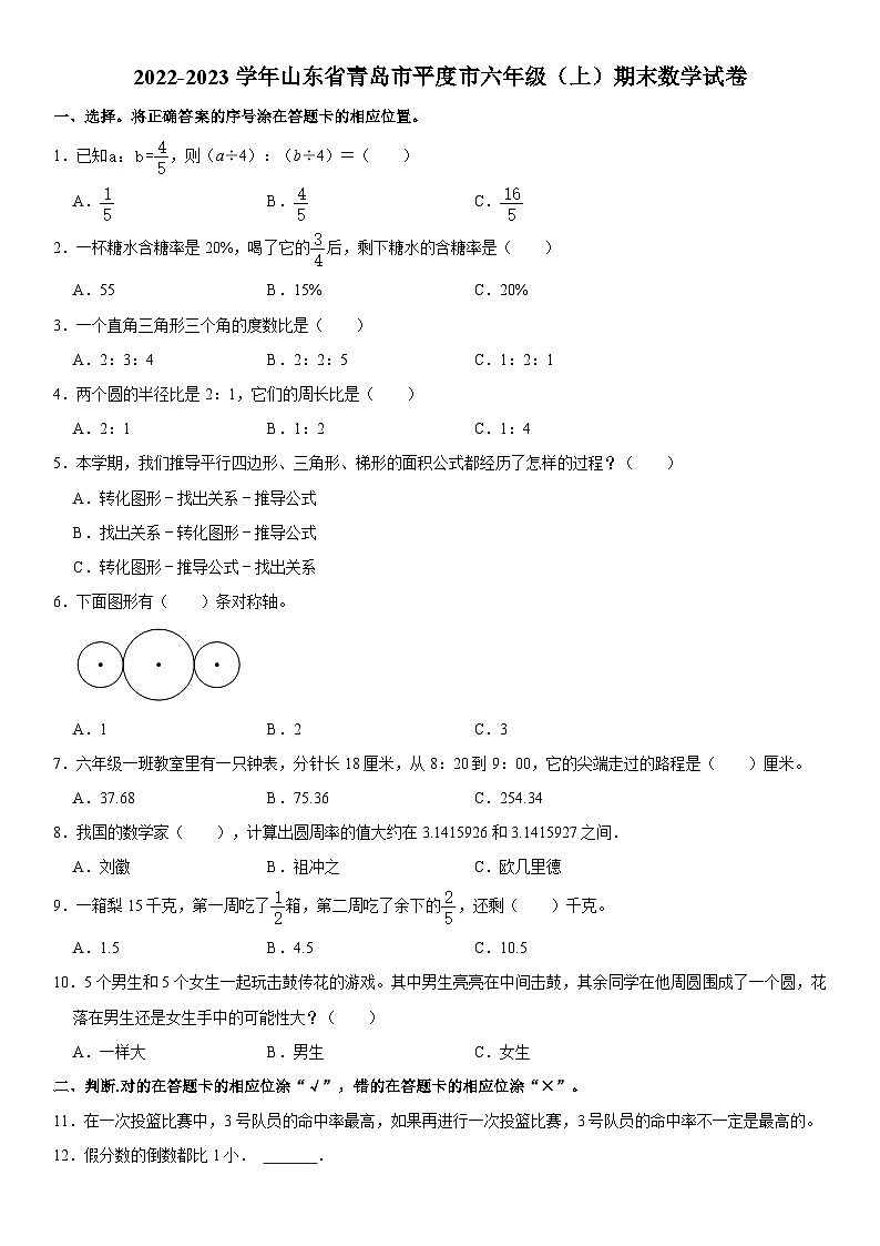 山东省青岛市平度市2022-2023学年六年级上学期期末数学试卷01
