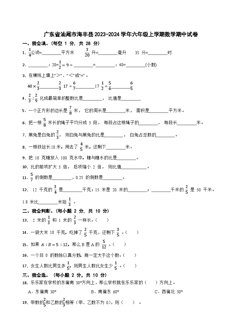 广东省汕尾市海丰县2023-2024学年六年级上学期数学期中试卷01