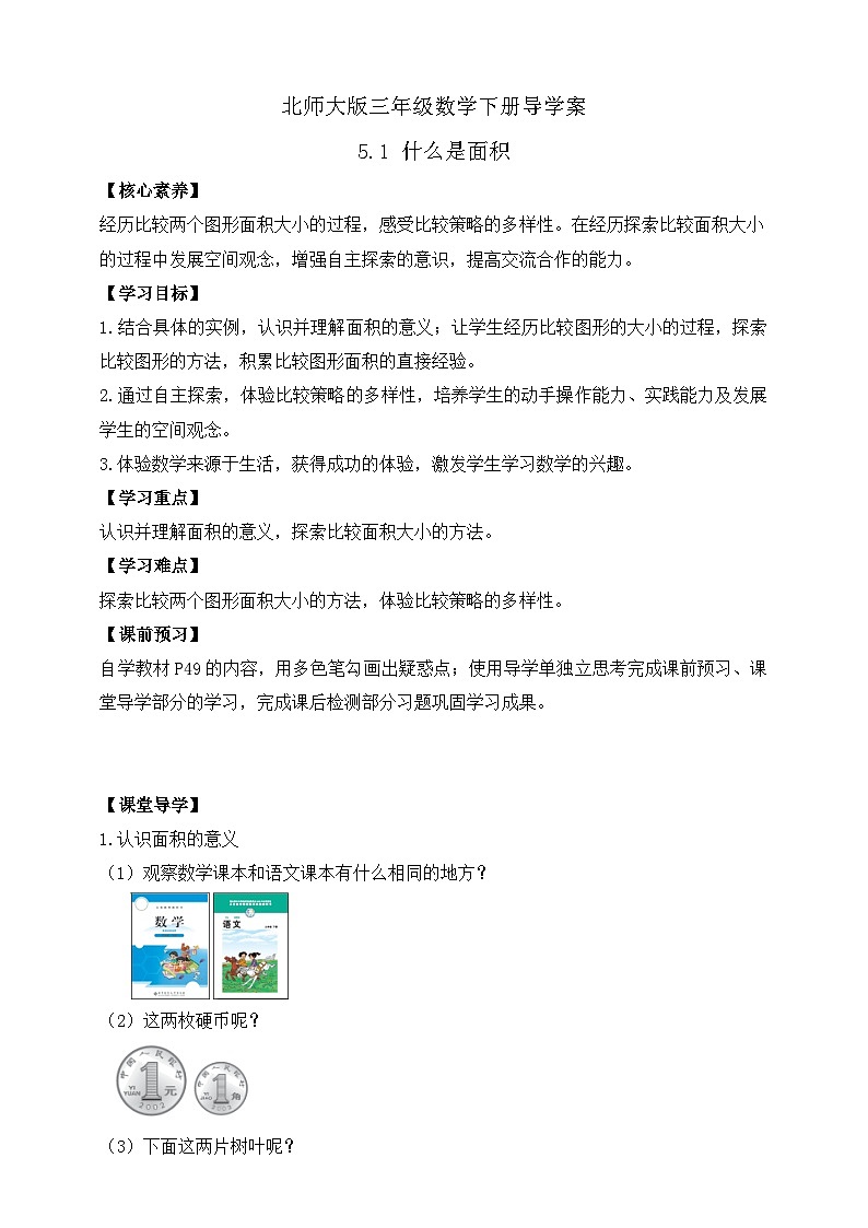 【核心素养】北师大版数学三年级下册-5.1 什么是面积（学案）第1页