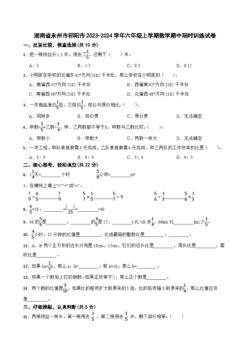 湖南省永州市祁阳市2023-2024学年六年级上学期数学期中限时训练试卷第1页