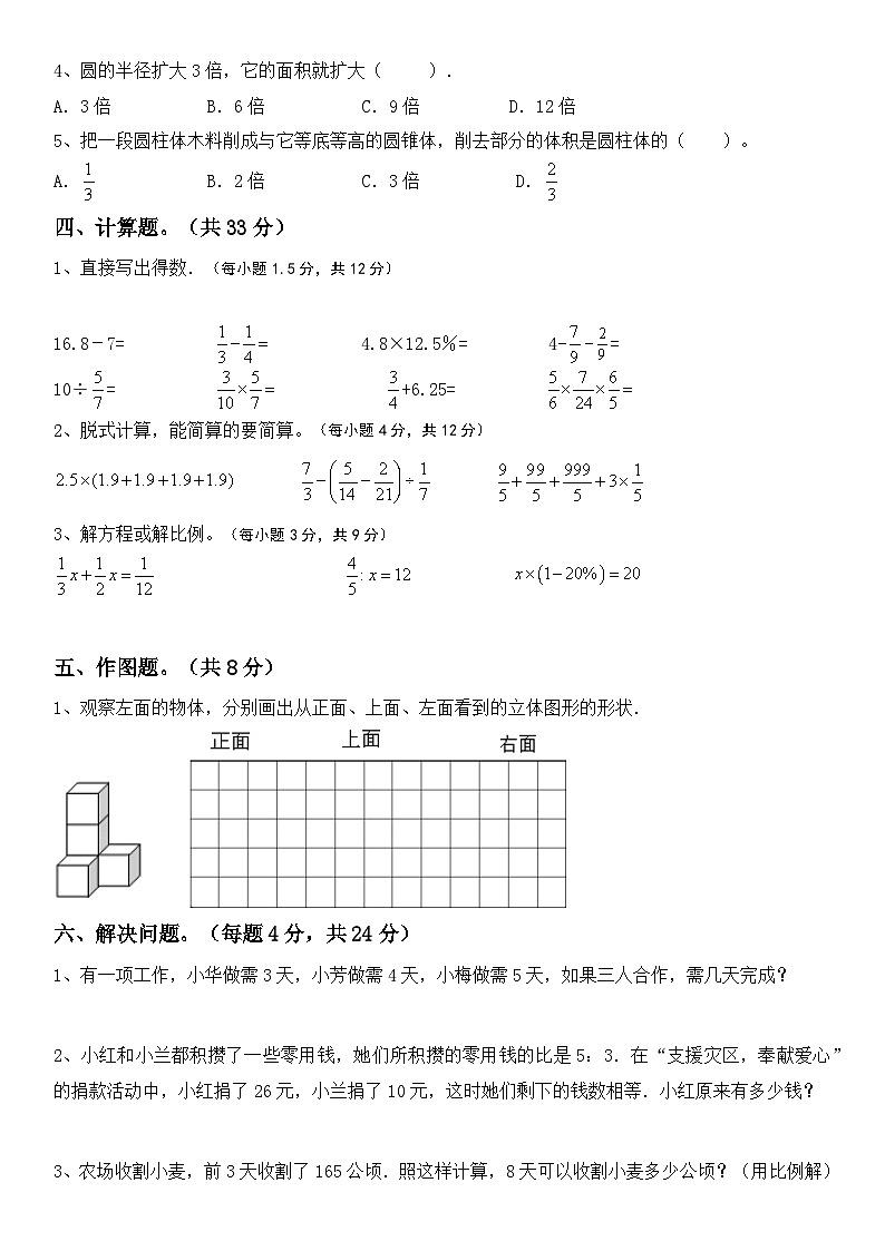 人教版六年级下册数学小升初综合复习(试题)202