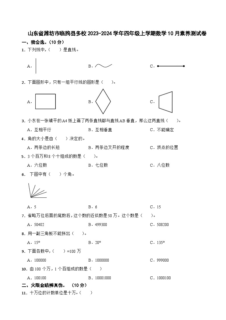 山东省潍坊市临朐县多校2023-2024学年四年级上学期数学10月素养测试卷第1页
