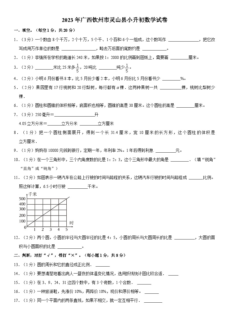 广西壮族自治区钦州市灵山县2022-2023学年六年级下学期期末数学试卷01