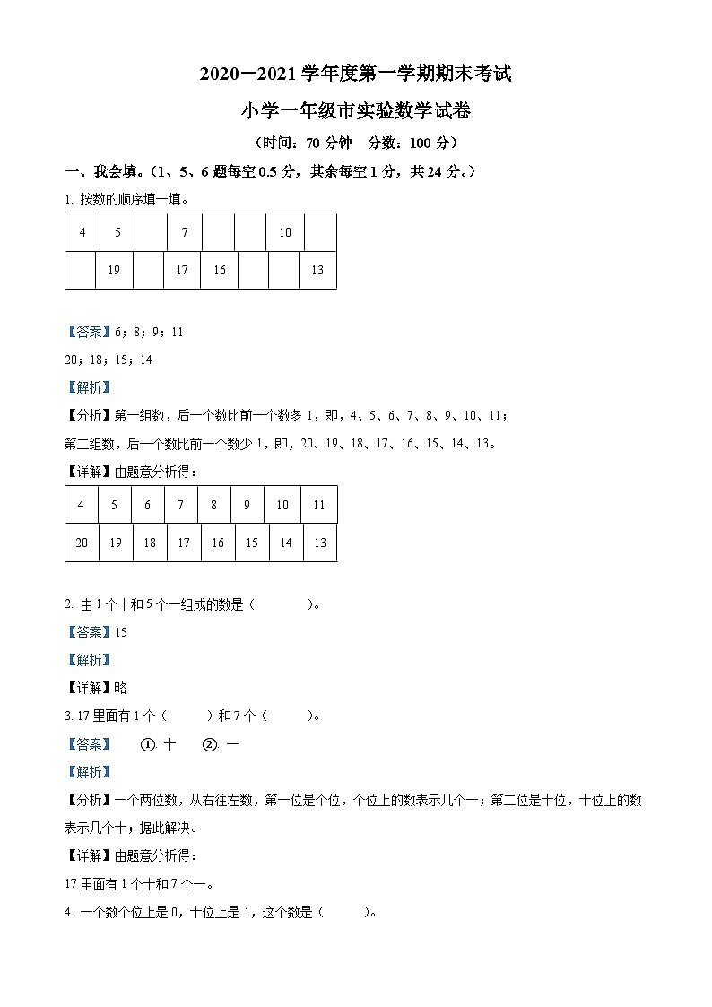 精品解析：2020-2021学年河北省邯郸市丛台区实验小学冀教版一年级上册期末考试数学试卷（解析版）第1页