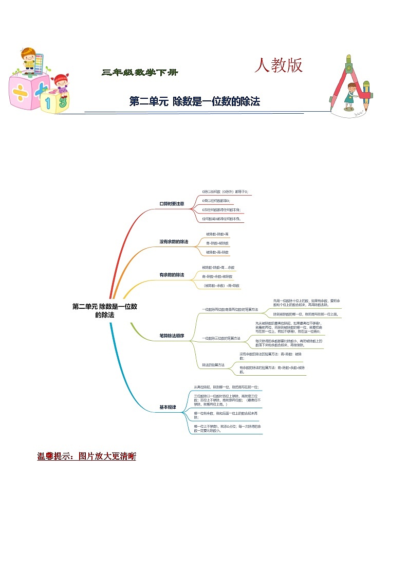 人教版 三年级下册数学第二单元《除数是一位数的除法》知识点思维导图及单元巩固练习（含答案）01