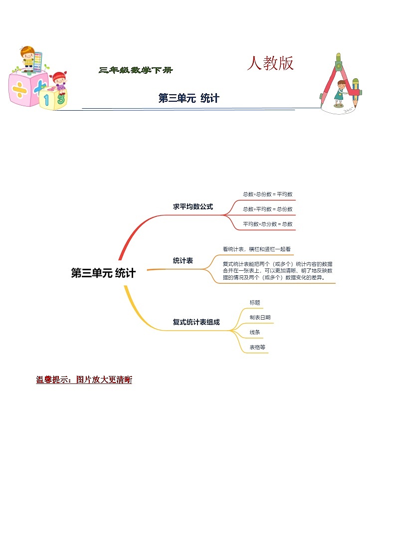 人教版 三年级下册数学第三单元《统计》知识点思维导图及单元巩固练习（含答案）第1页