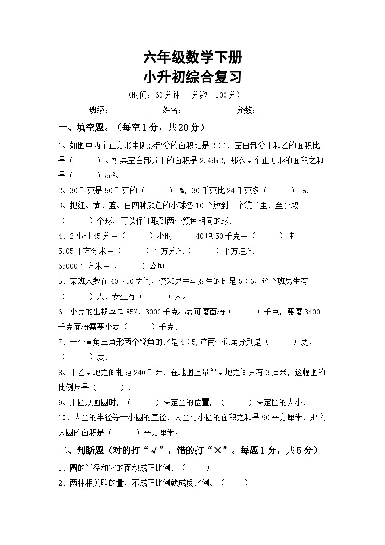 小升初复习(试题)-+2023-2024学年六年级下册数学人教版.1第1页