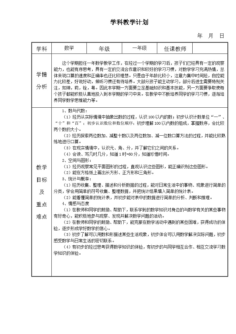 教学计划（素材）-2023-2024学年一年级下册数学人教版第1页
