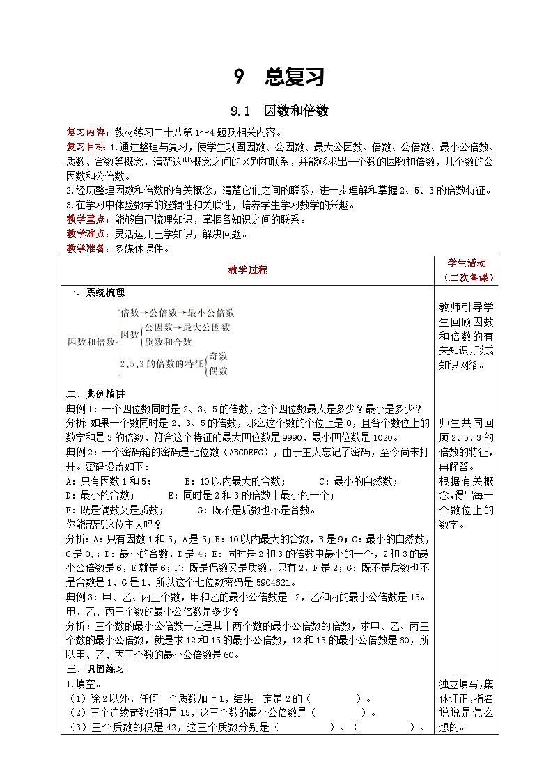 人教版数学五年级下册 9.1《因数和倍数》课件+教案+练习01