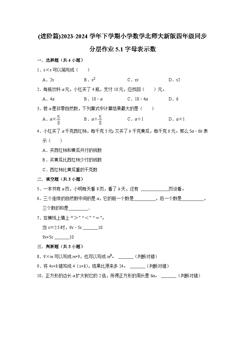 5.1字母表示数(进阶篇)2023-2024学年下学期小学数学北师大新版四年级同步分层作业第1页