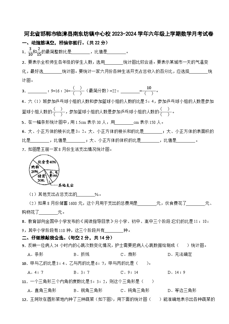 河北省邯郸市临漳县南东坊镇中心校2023-2024学年六年级上学期数学月考试卷01