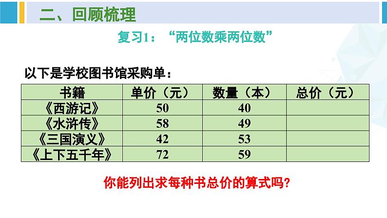 人教版三年级数学下册 9 总复习 1.两位数乘两位数 除数是一位数的除法（教学课件）第3页