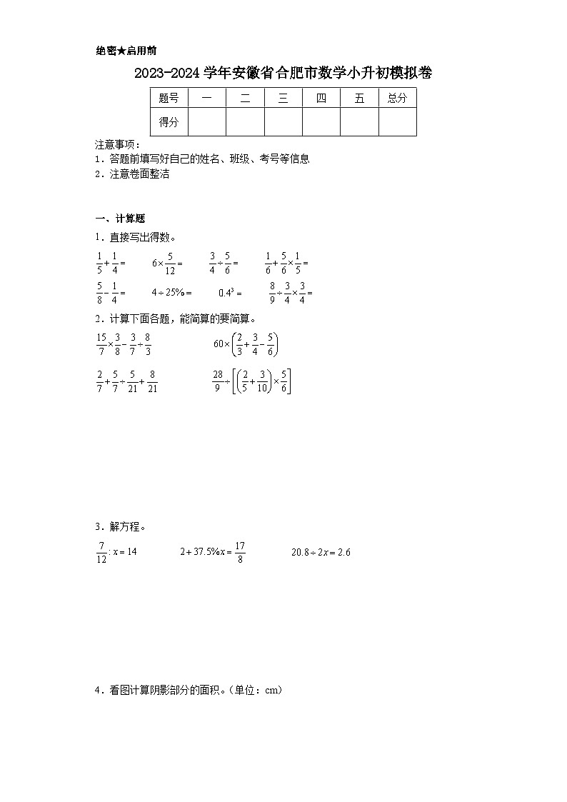 2023-2024学年安徽省合肥市数学小升初模拟卷01