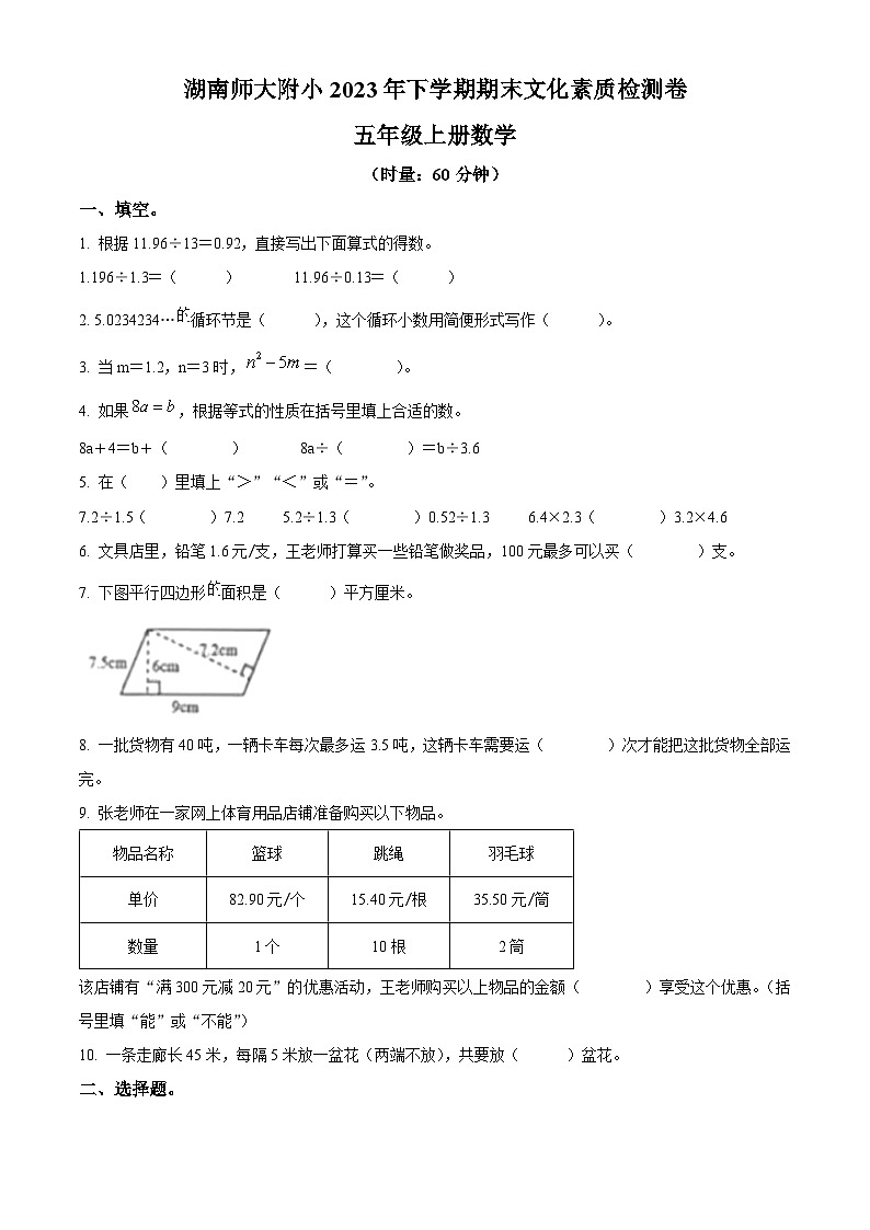 2023-2024学年湖南省长沙市岳麓区湖南师范大学附属小学人教版五年级上册期末测试数学试卷（原卷+解析）01