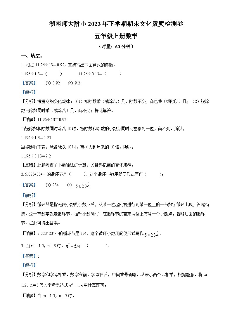 2023-2024学年湖南省长沙市岳麓区湖南师范大学附属小学人教版五年级上册期末测试数学试卷（原卷+解析）01