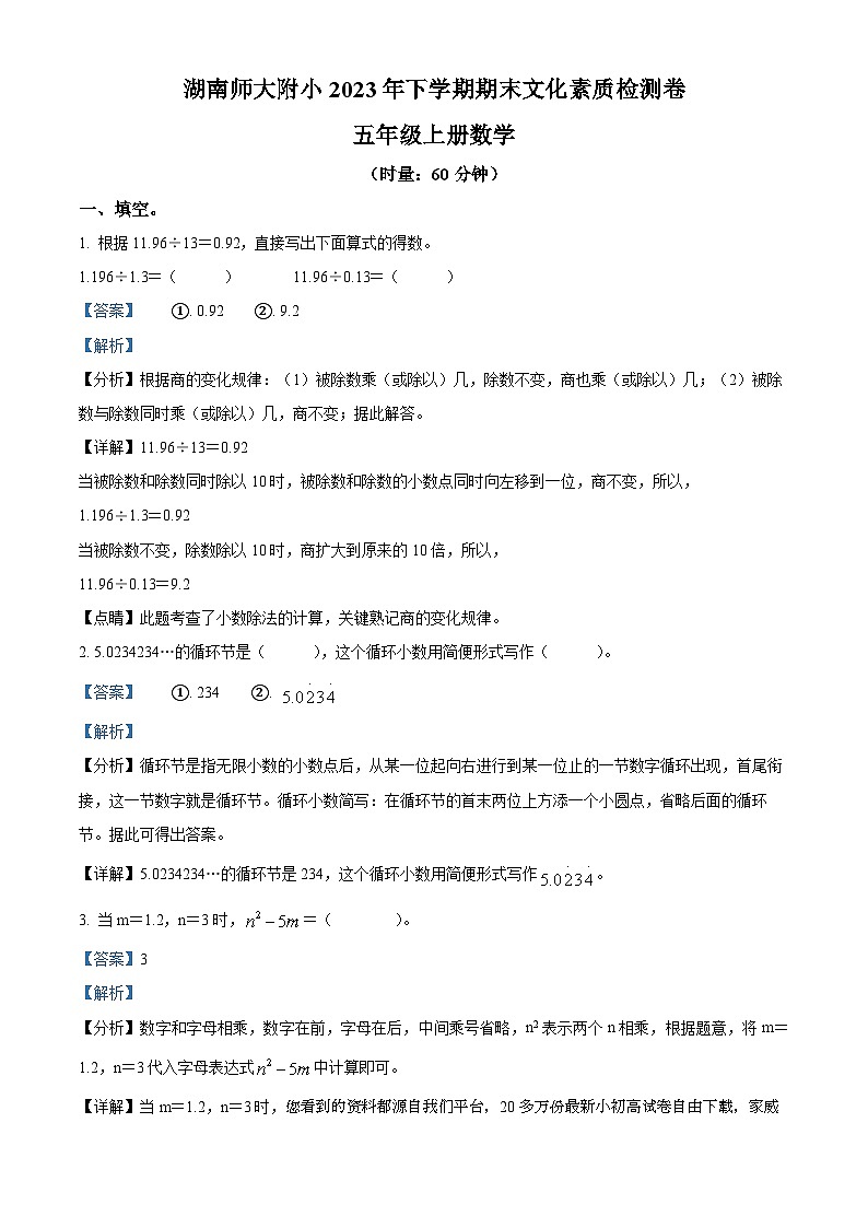 2023-2024学年湖南省长沙市岳麓区湖南师范大学附属小学人教版五年级上册期末测试数学试卷（）01