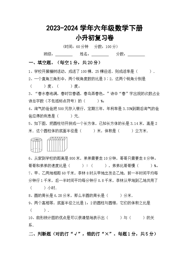 小升初复习题（试题）-2023-2024学年六年级下册北京版数学第1页