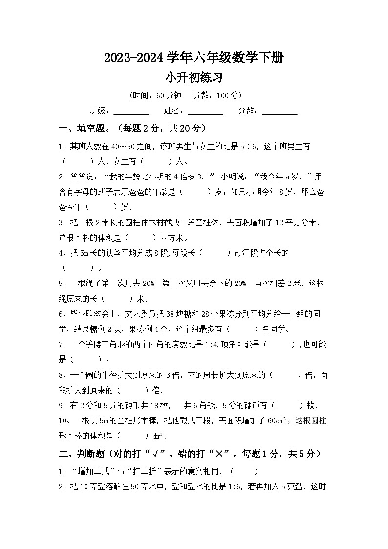 小升初练习(试题)-+2023-2024学年六年级下册数学冀教版第1页