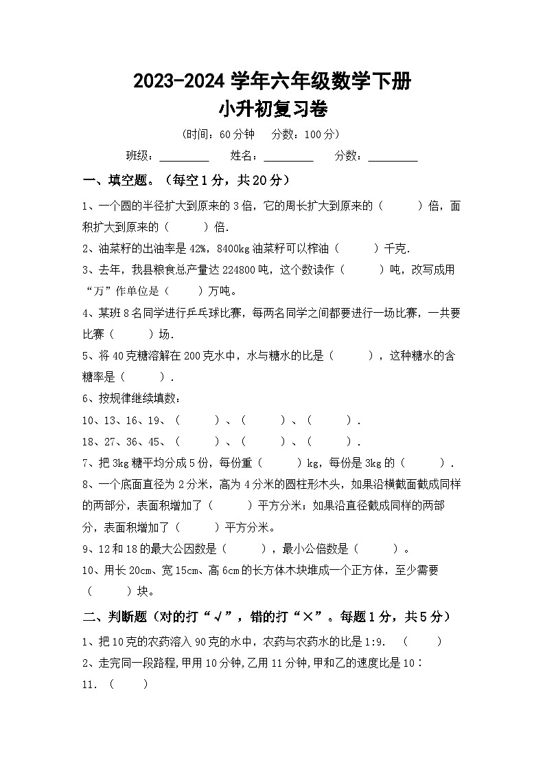 小升初综合复习卷（试题）-2023-2024学年六年级下册北京版数学第1页