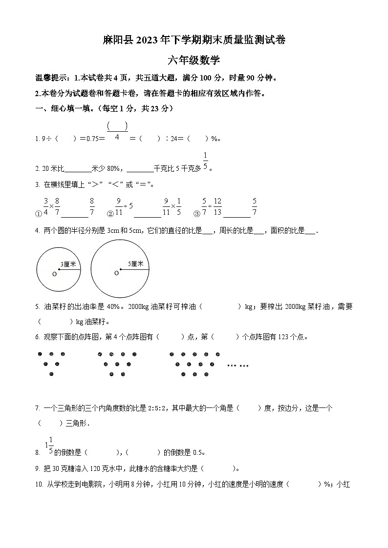 2023-2024学年湖南省怀化市麻阳苗族自治县人教版六年级上册期末测试数学试卷（原卷+解析）01