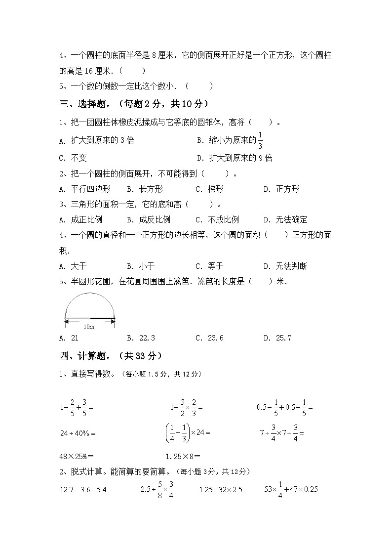小升初综合复习（试题）-2023-2024学年六年级下册苏教版数学第2页
