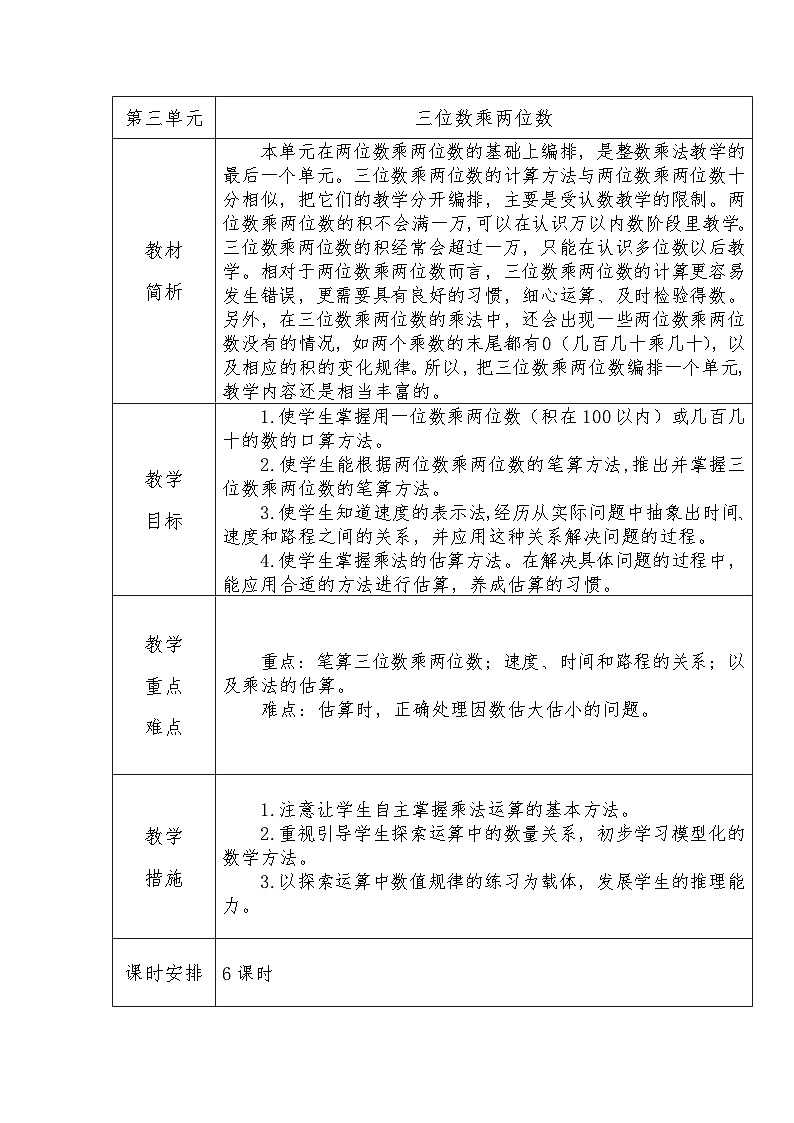 苏教版数学四年级下册 第三单元 教材分析教案第1页