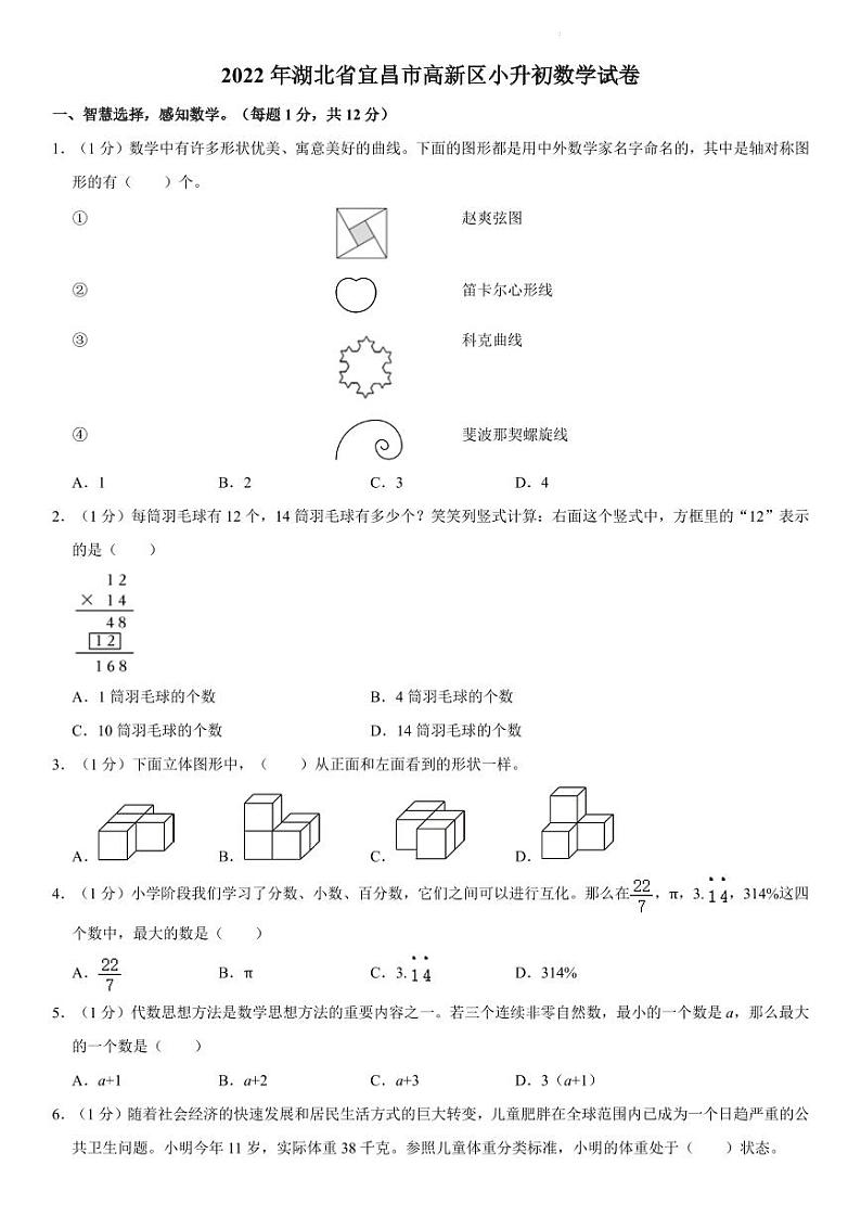 2022年湖北宜昌高新区小升初数学试卷01