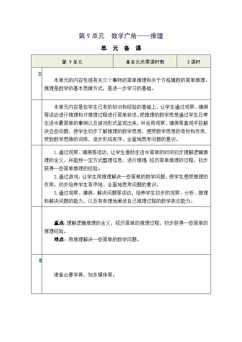 人教版二年级数学下册 第9单元  数学广角——推理教案第1页