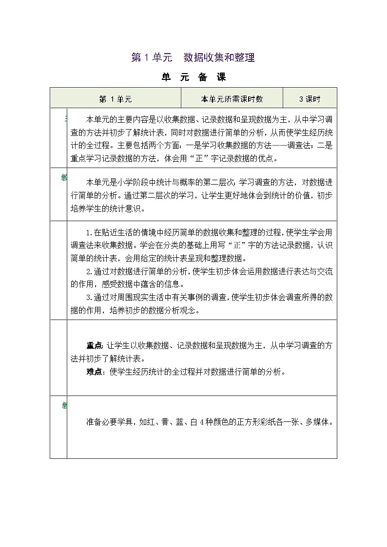 人教版二年级数学下册 第1单元  数据收集和整理教案第1页