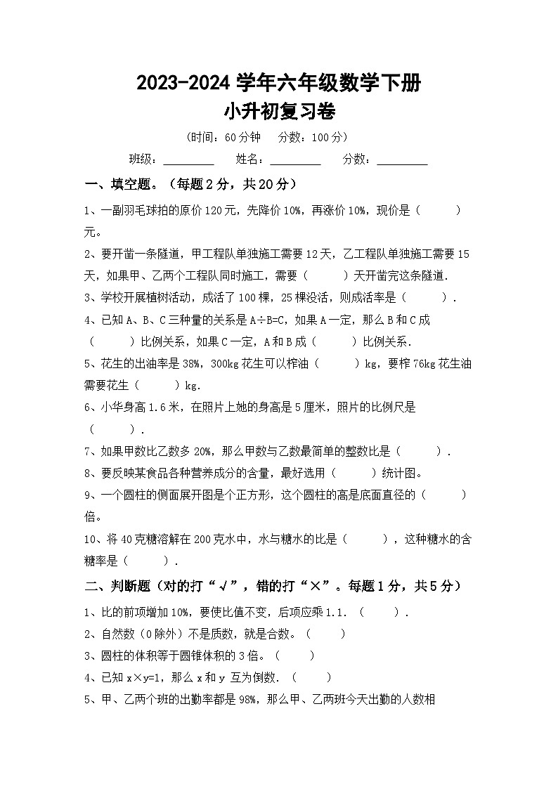 小升初综合复习卷（试题）-2023-2024学年六年级下册北京版数学第1页