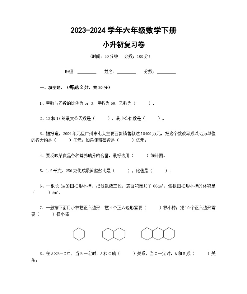 小升初综合复习题（试题）-2023-2024学年六年级下册北京版数学第1页