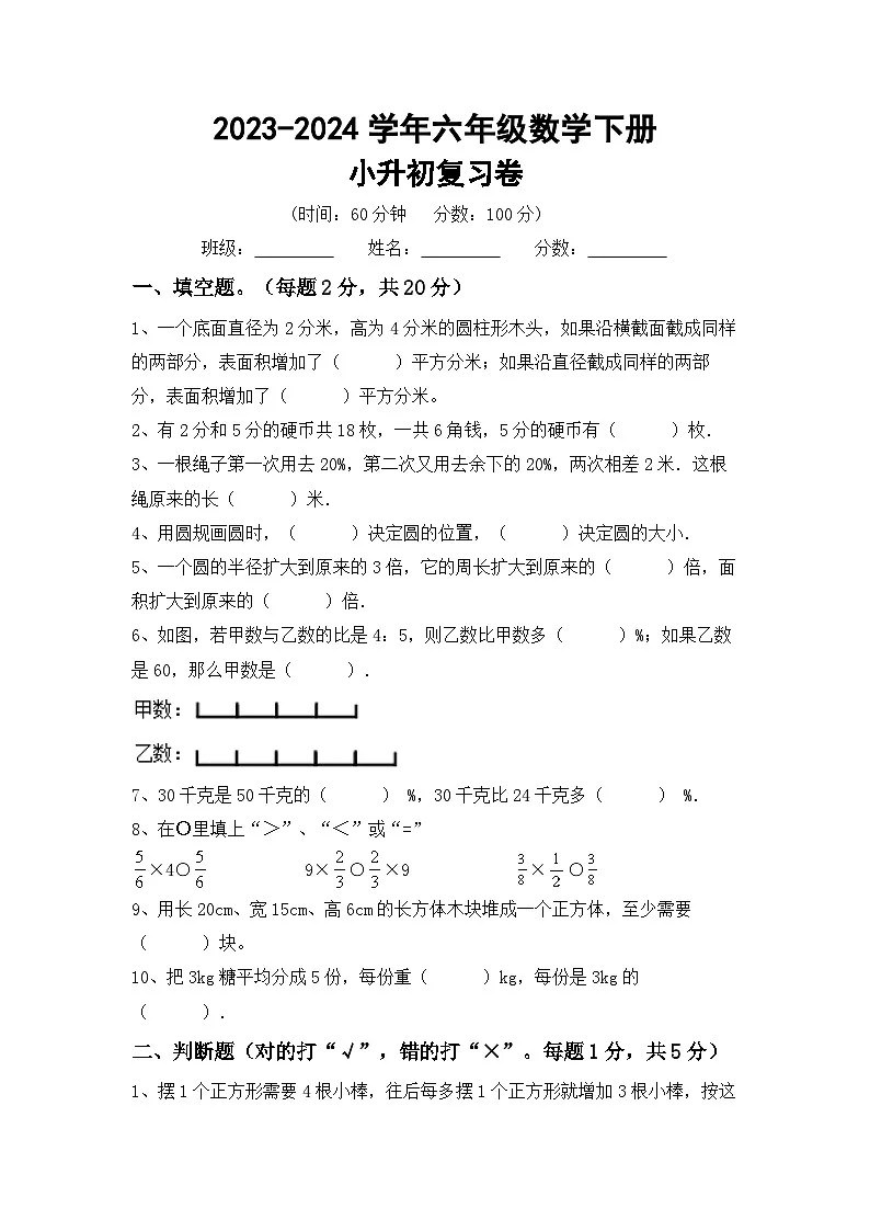 小升初+综合复习(试题)-+-2023-2024学年六年级数学下册人教版+第1页