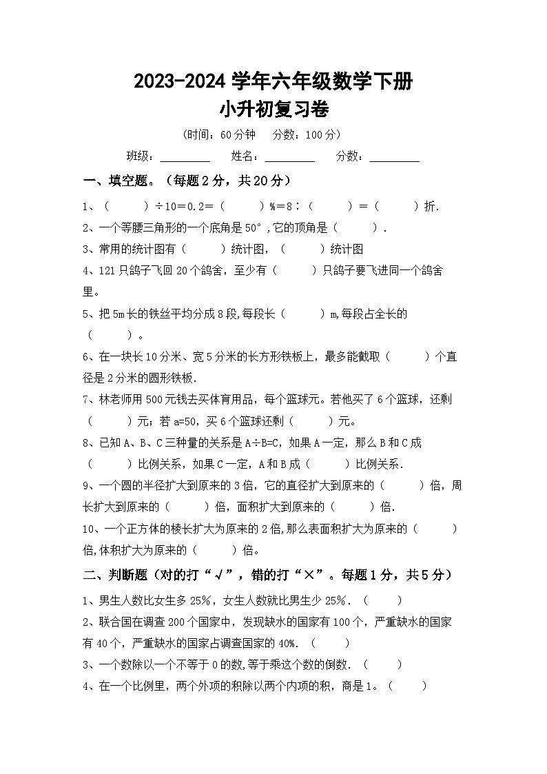小升初复习卷（试题）-2023-2024学年六年级下册北京版数学.1第1页