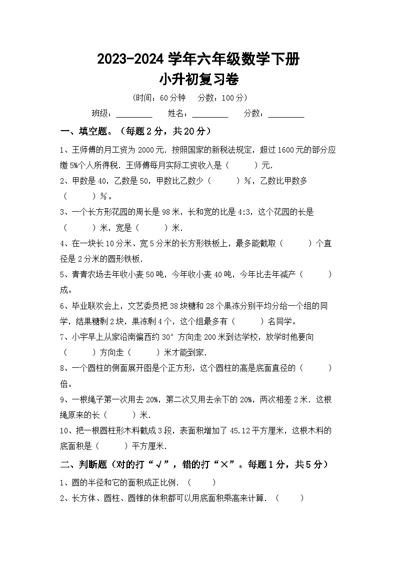 小升初复习题(试题)-+2023-2024学年六年级下册数学人教版第1页