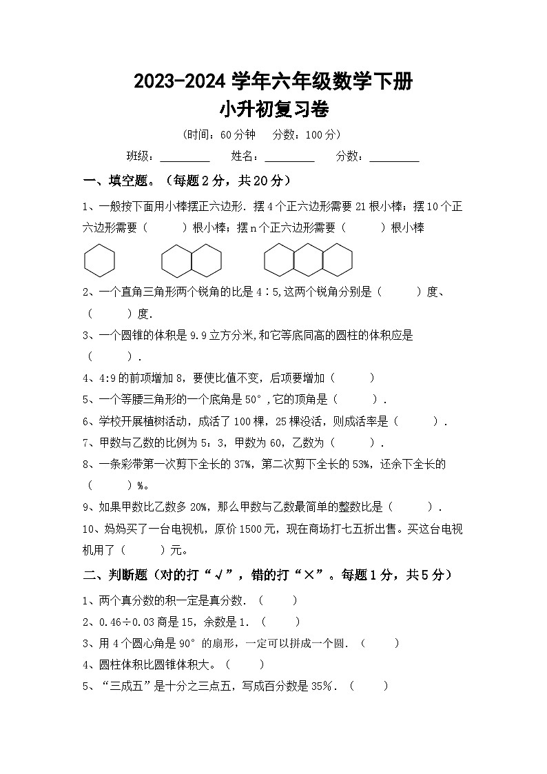 小升初综合复习卷（试题）-2023-2024学年六年级下册西师大版数学第1页