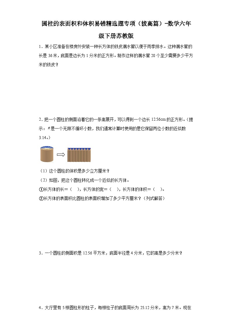 圆柱的表面积和体积易错精选题专项（拔高篇）-数学六年级下册苏教版第1页