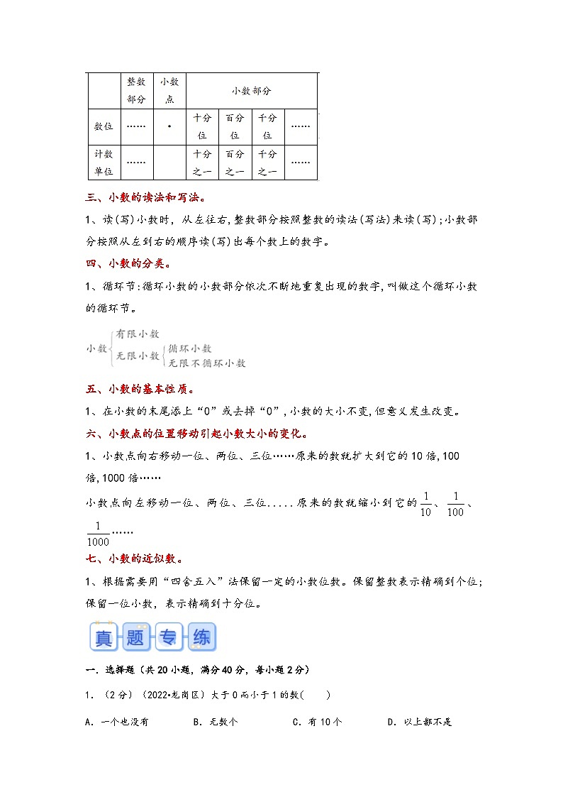专题2-小数的认识（考点聚焦+重点速记+真题专练）-2023-2024学年六年级备战小升初数学专项复习精讲练+（通用版）02
