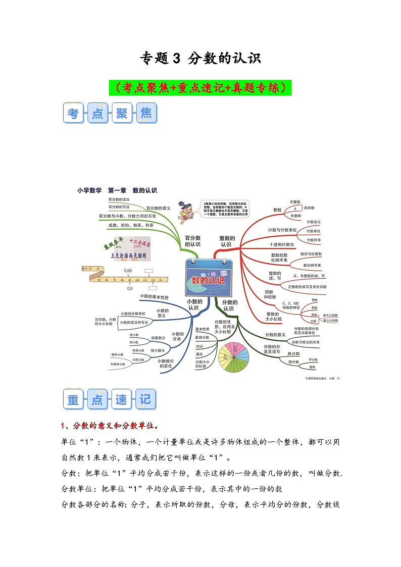 专题3-分数的认识（考点聚焦+重点速记+真题专练）-2023-2024学年六年级备战小升初数学专项复习精讲练+（通用版）第1页