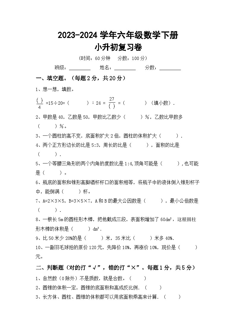 小升初综合复习题（试题）-2023-2024学年六年级下册人教版数学第1页