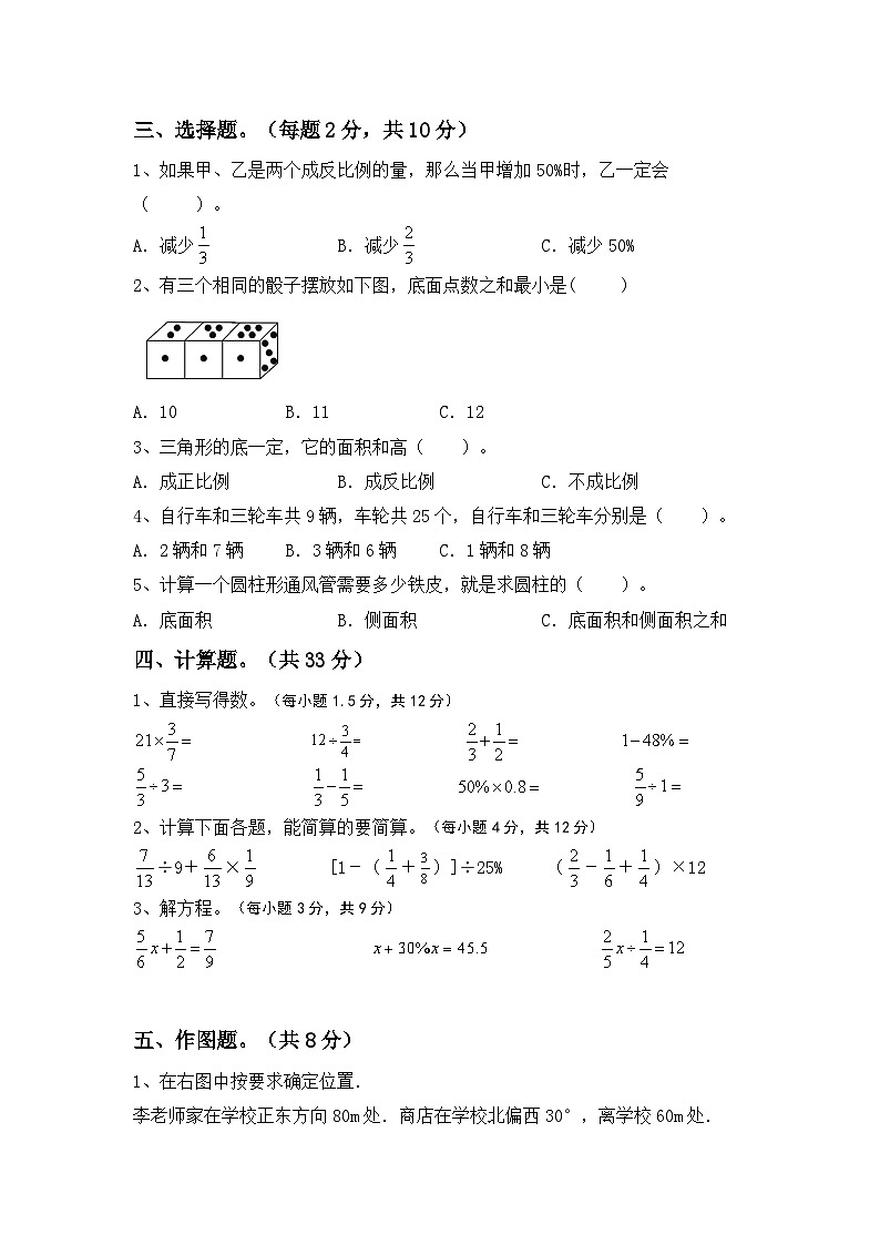 小升初综合复习(试题)-2023-2024学年六年级下册数学西师大版第2页
