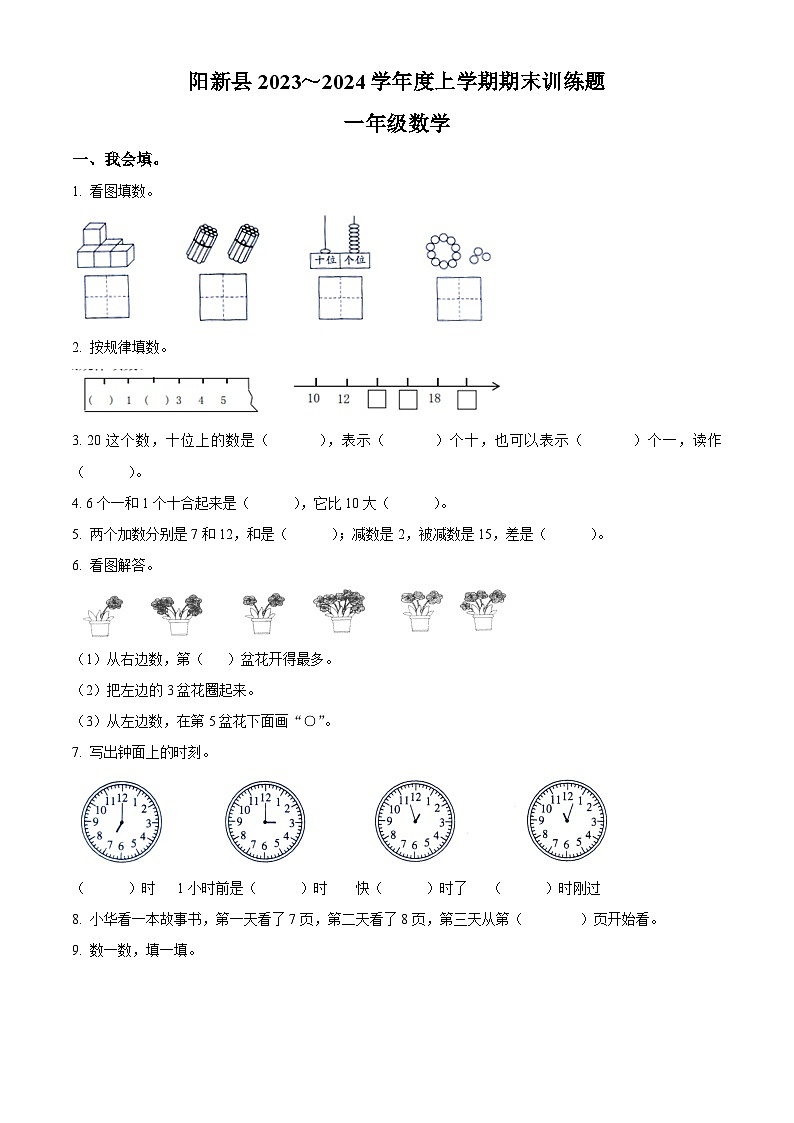 2023-2024学年湖北省黄石市阳新县人教版一年级上册期末考试数学试卷（原卷版+解析版）01