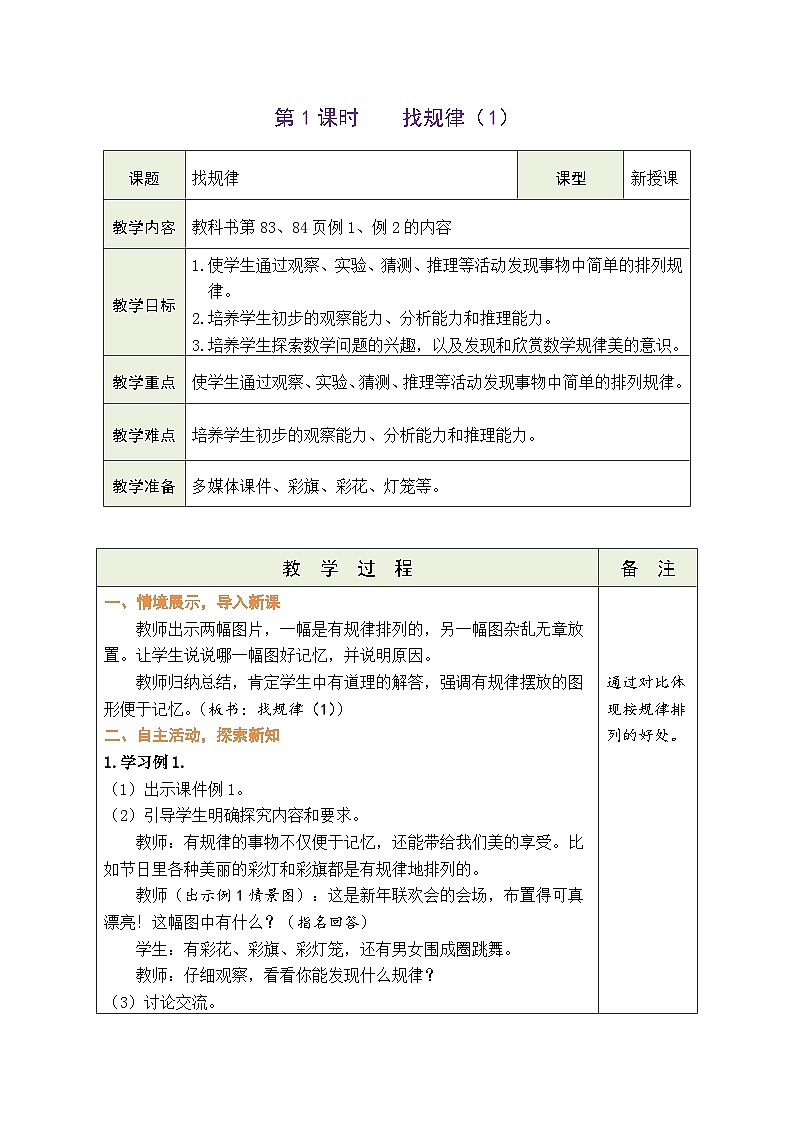 人教版一年级数学下册第七单元《找规律》 精品同步教案第2页
