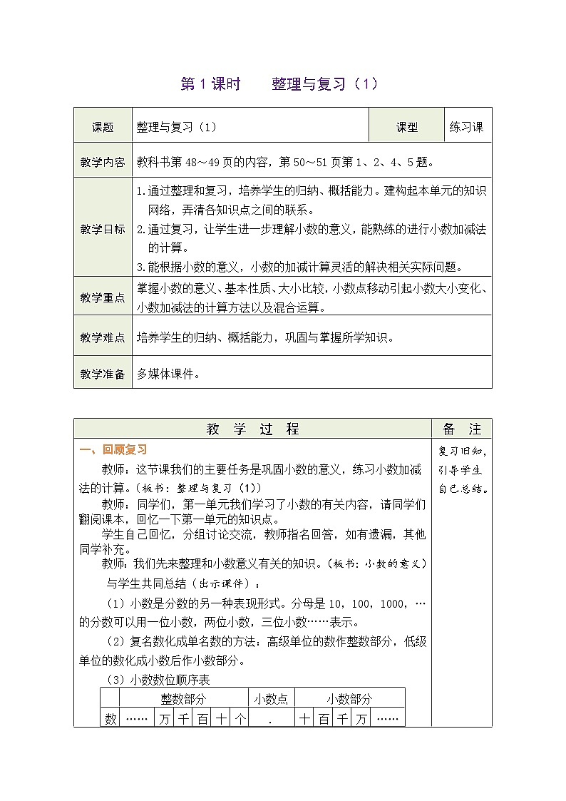 北师大版四年级数学下册《整理与复习》 精品同步教案第1页