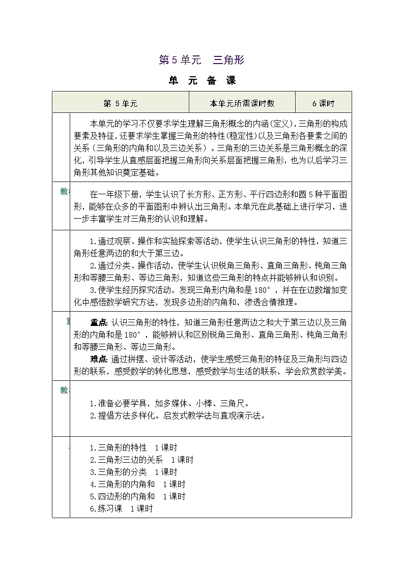 人教版四年级数学下册第五单元《三角形》 精品同步教案第1页